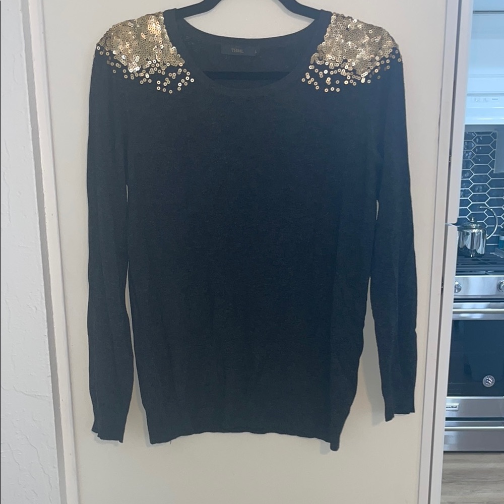 Anthropologie THML Gray and Gold Sequin Long Sleeve Sweater | L